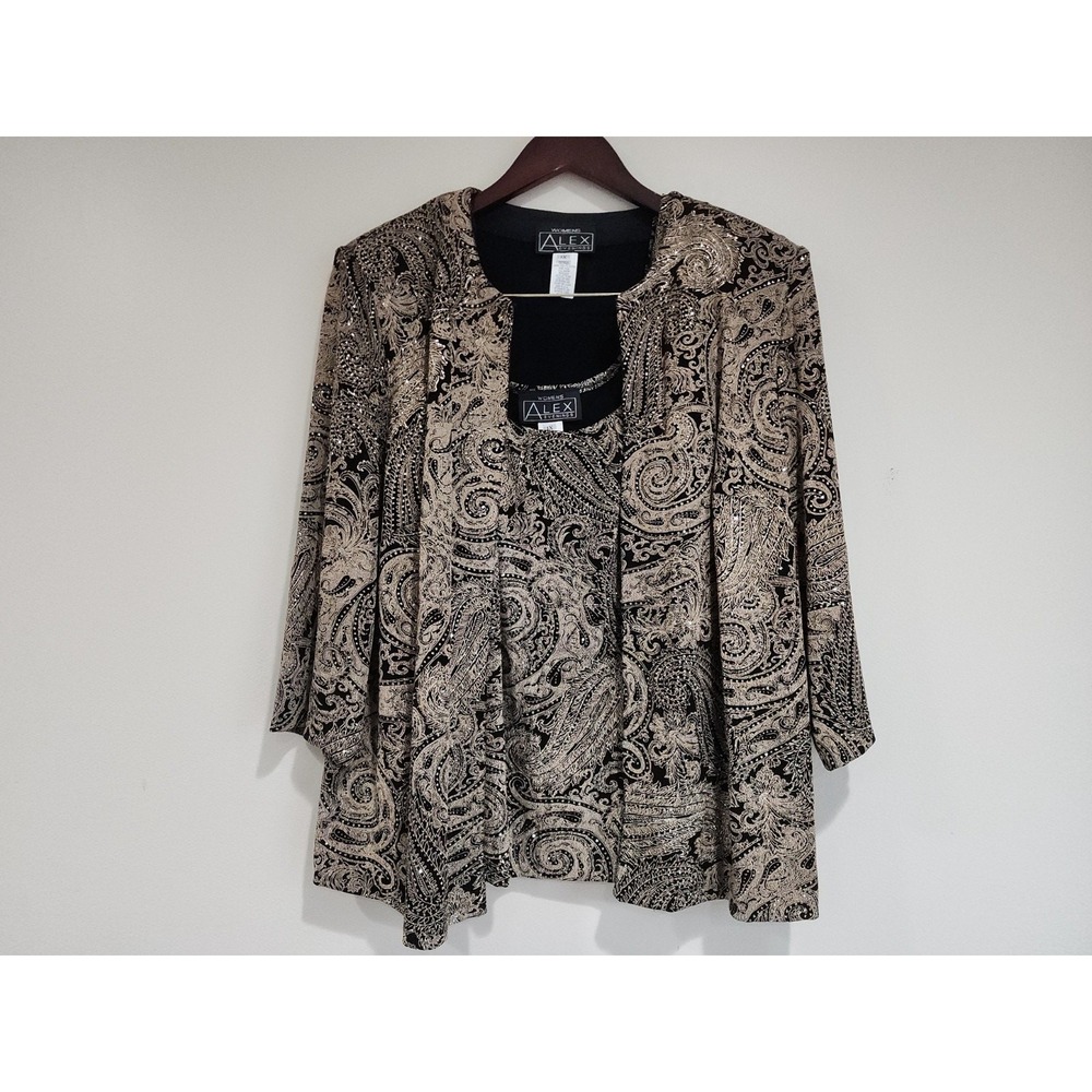Alex Evenings 2 Piece Twin Set Womens 1X Beige Black Paisley Glitter Scoop Neck